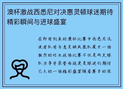 澳杯激战西悉尼对决惠灵顿球迷期待精彩瞬间与进球盛宴